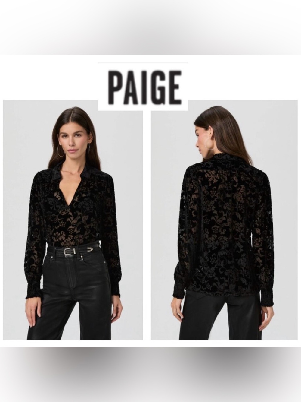 PAIGE Black Burnout Velvet Long-Sleeve V-Neck Blouse